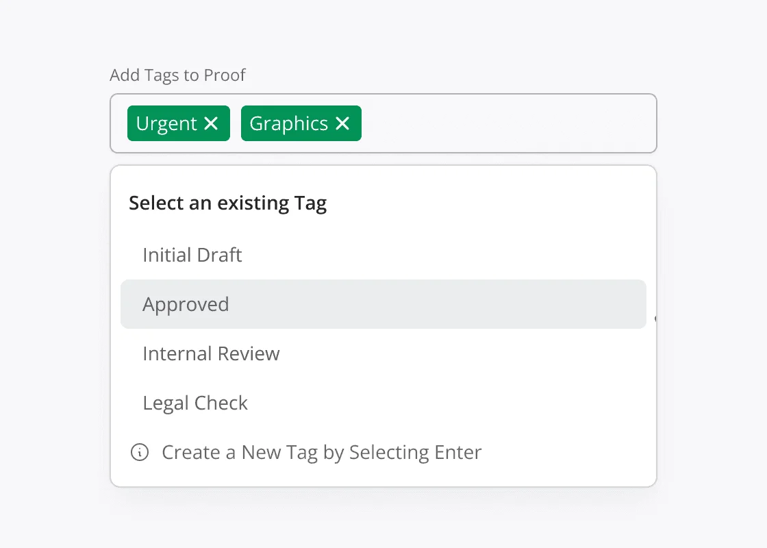 Dynamic tagging system and custom fields interface showing proof organization